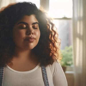 A woman with curly hair, closed eyes, and a serene expression stands in a sunlit room, symbolizing empowerment and holistic healing on her hormonal health journey.