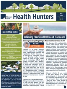 Cover of the May 2024 issue of Health Hunters by Riordan Clinic, featuring articles on estrogen metabolism, women's health, hormonal balance, and a quinoa salad recipe.