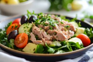 A vibrant spring salad with mixed greens, cherry tomatoes, avocado, Kalamata olives, feta cheese, and a drizzle of lemon-herb vinaigrette.